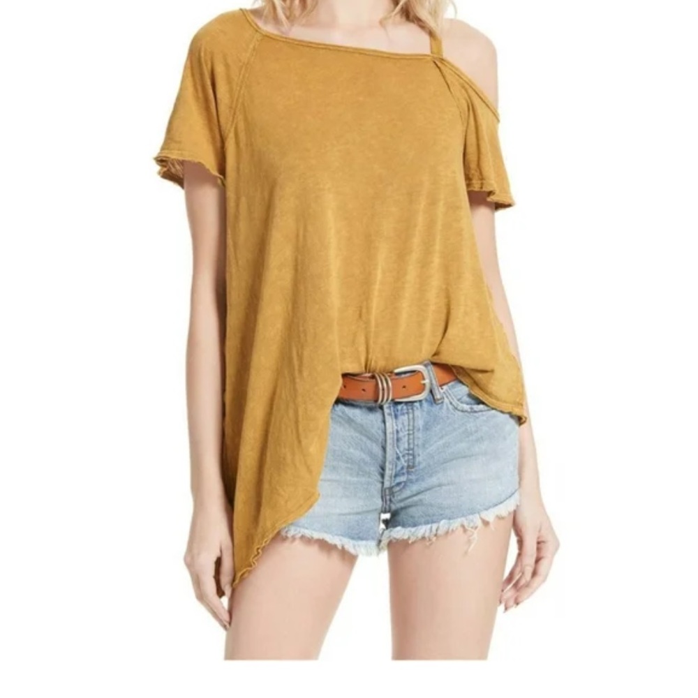 Free People Mustard Off Shoulder Top XS Asymmetrical Boho Tee